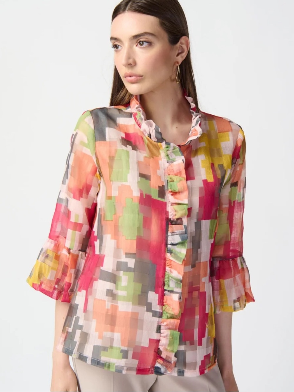 Joseph Ribkoff Size 10 Pixelated Geometric Ruffle-Front Sheer Blouse